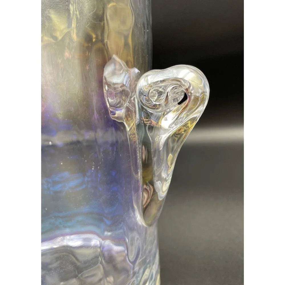 Anthropologie Zaza Iridescent Hammered Glass Ice Bucket Scroll Handles 8.5in H